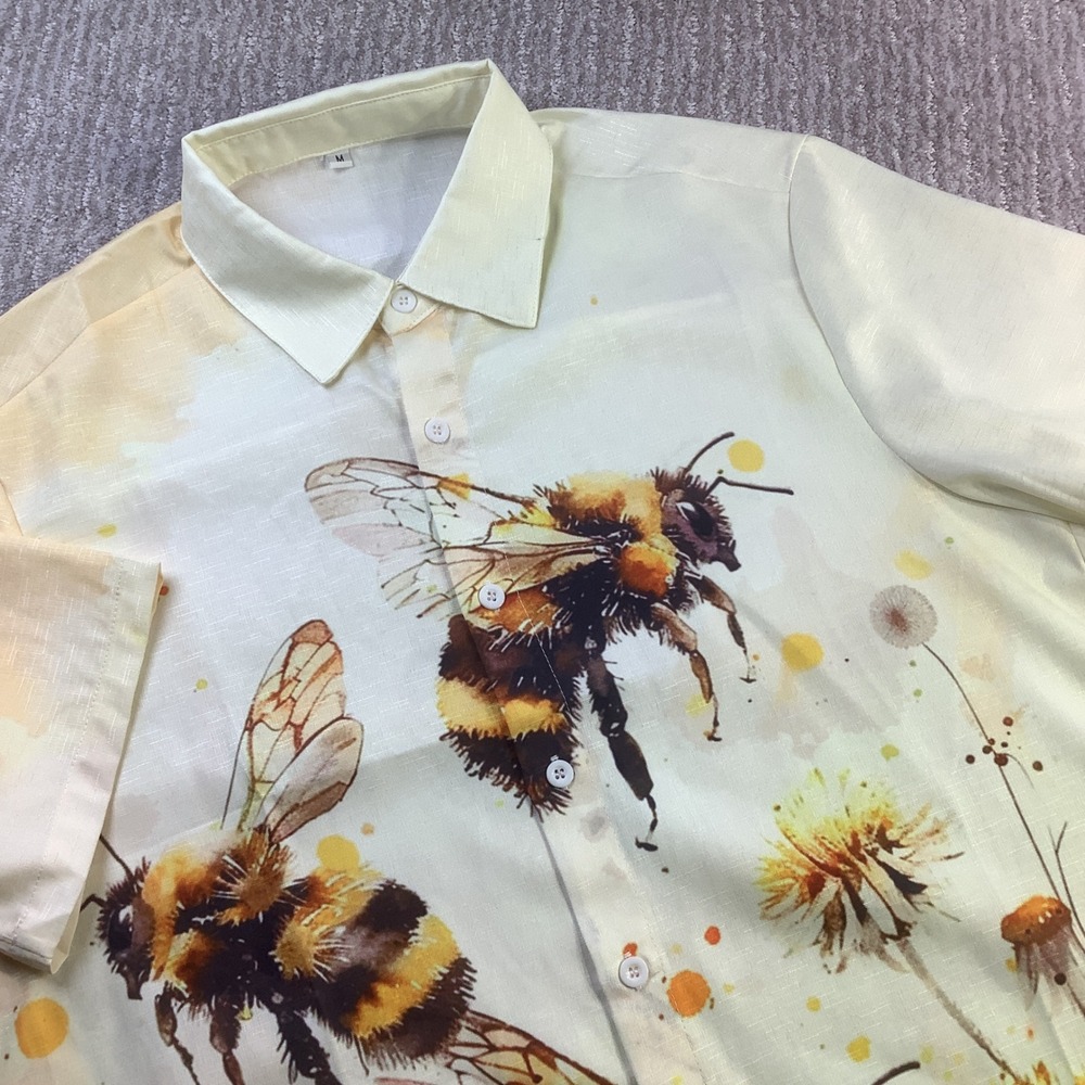 Bee Print Button Up Shirt‎ Short Sleeve Collared Casual Summer Top Size M